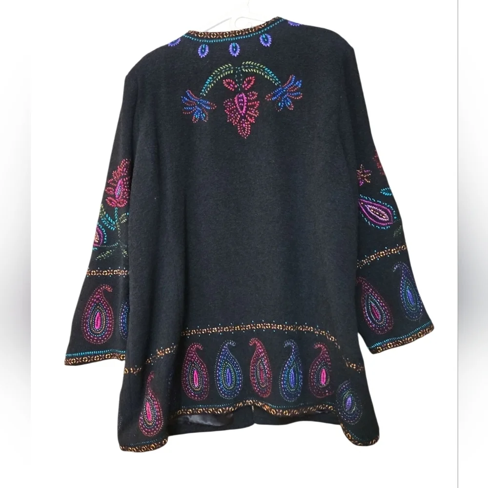 Linea By Louis Dell'Olio Black Wool Blend Long Coat Colorful Floral Sz 2X - Picture 7 of 8